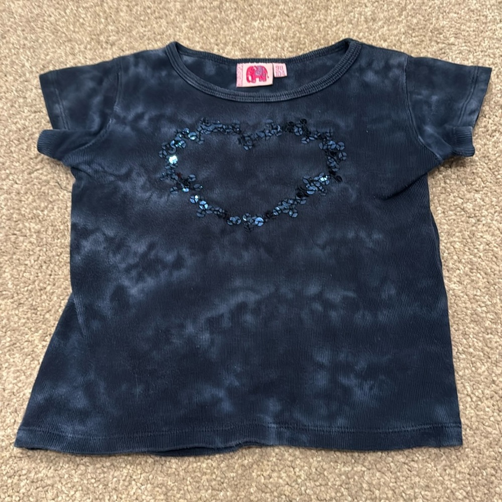 Indidka Girl sequin heart T-shirt tee navy blue sz 3/4